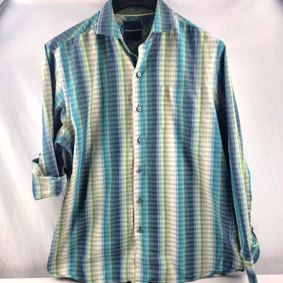 Tommy Bahama blue green paid button down long sleeve shirt Size Medium - Picture 1 of 5